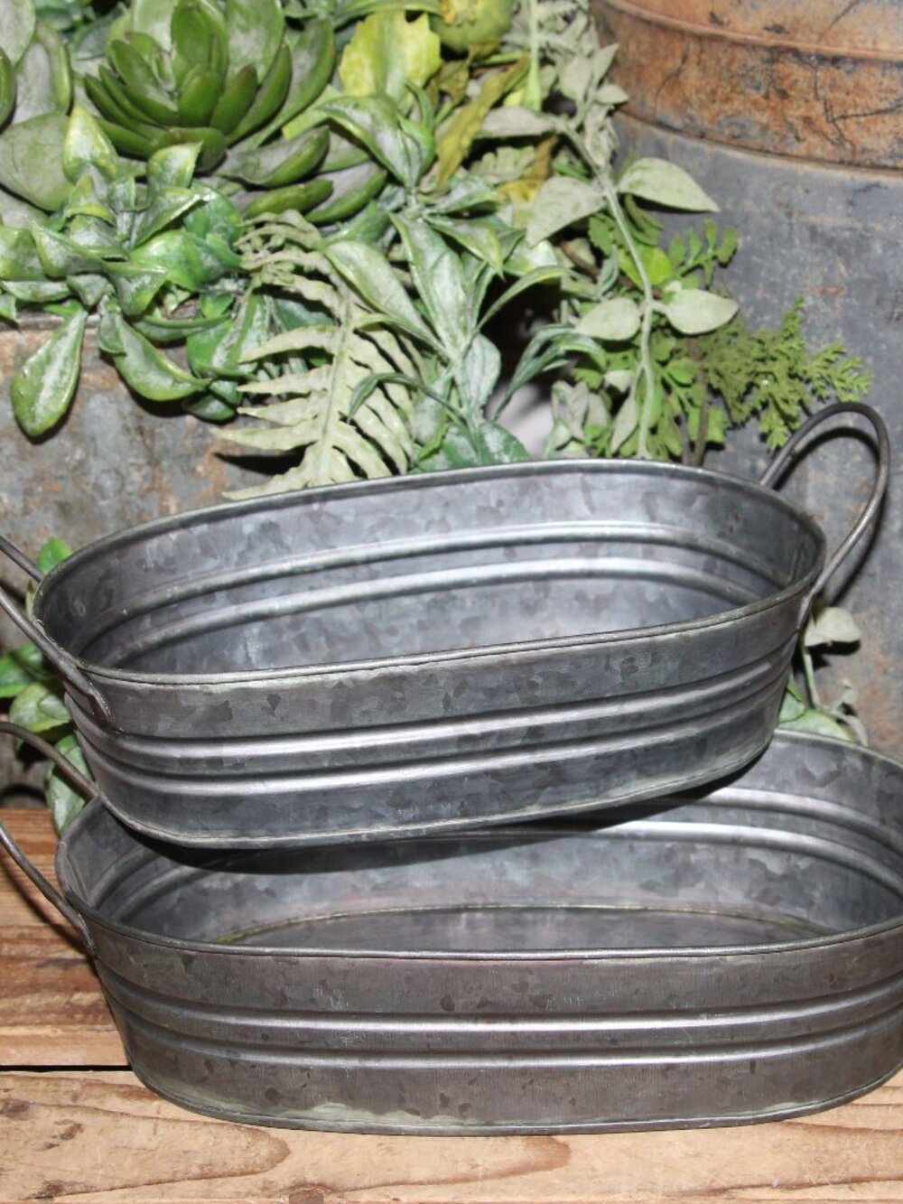 Pair of Rustic Oval Metal French Country Farmhouse Dish Basket Trays